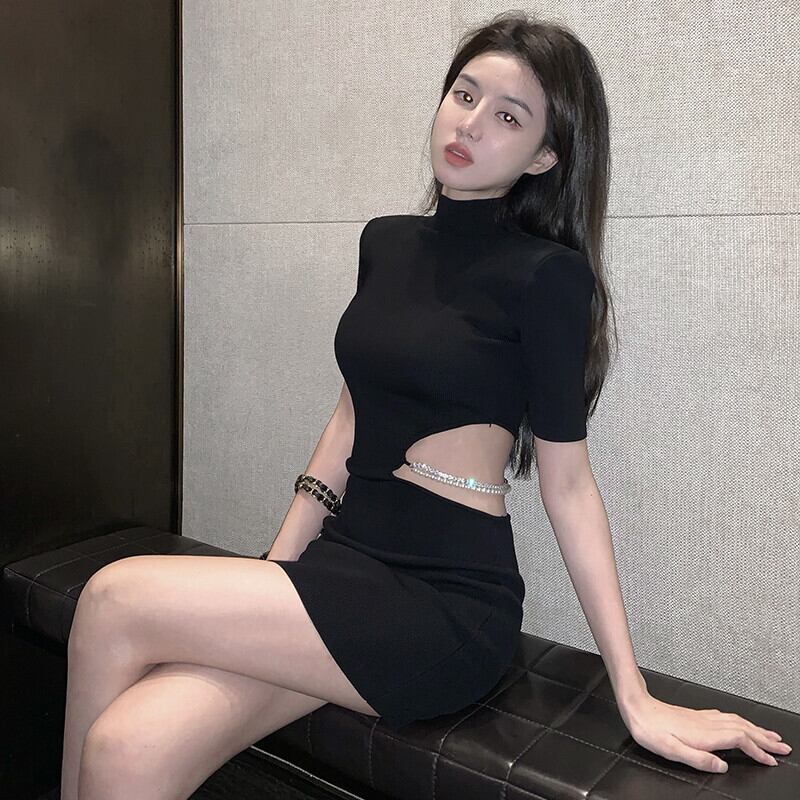 ウェストブラックドレス オータムスタイル薄手スカート ロング 秋物 ガールズファッション97986025686