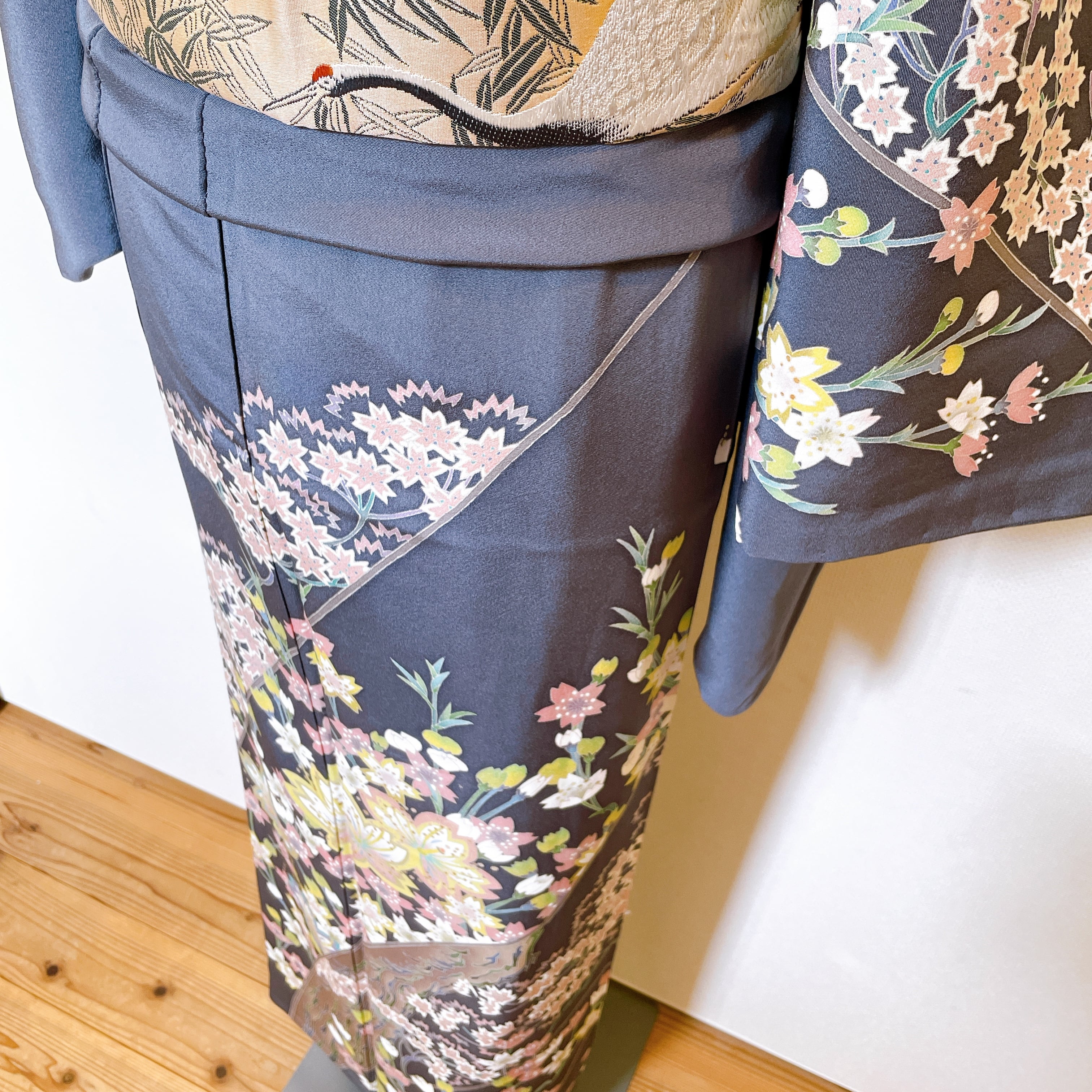 ロングサイズ】訪問着 グレー系 桜 カラフル 袋帯 ゴールド 鶴 | 着物  