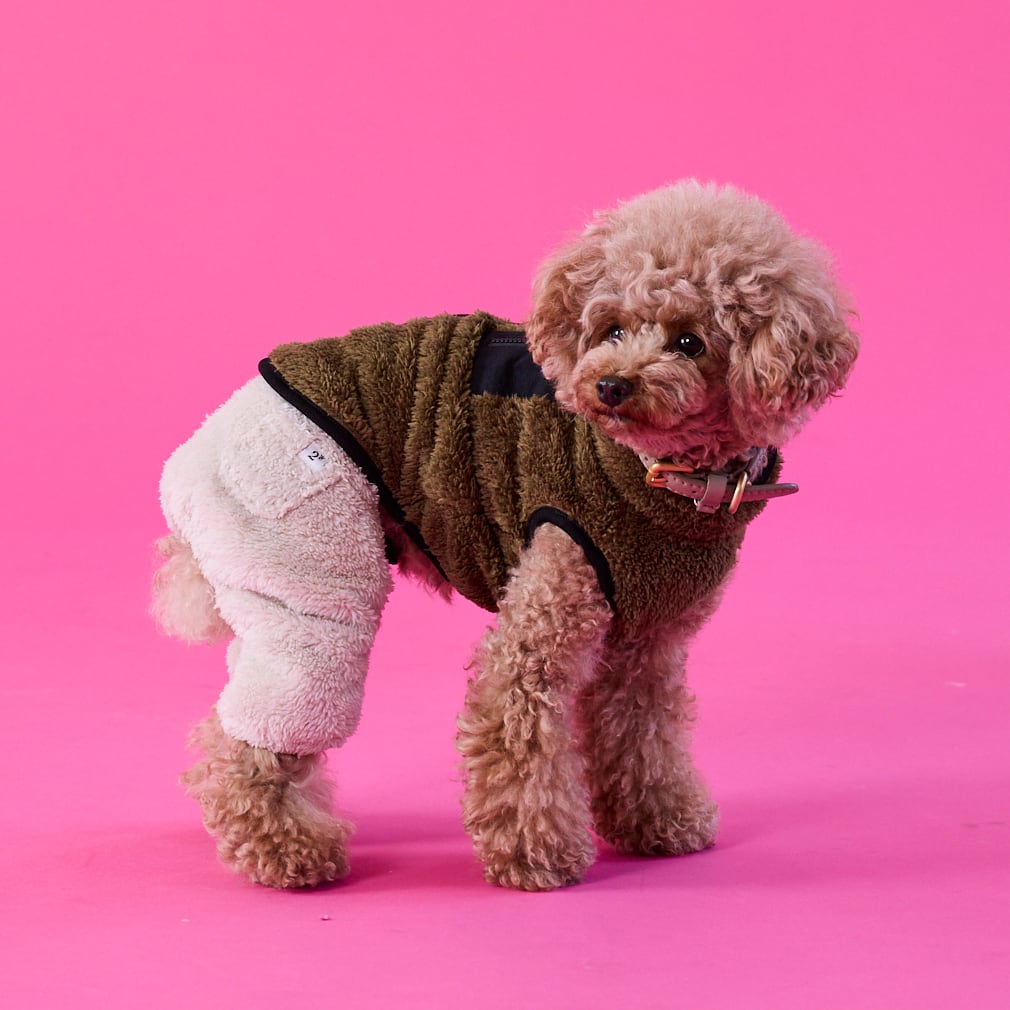 犬柄フリースルームウェア あったか ふわもこ 柄なれ フリース 袖なし つなぎ ダックス 小型犬用