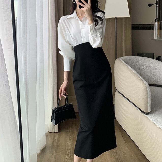 通勤フェイクツーピースロングスカート YH8719