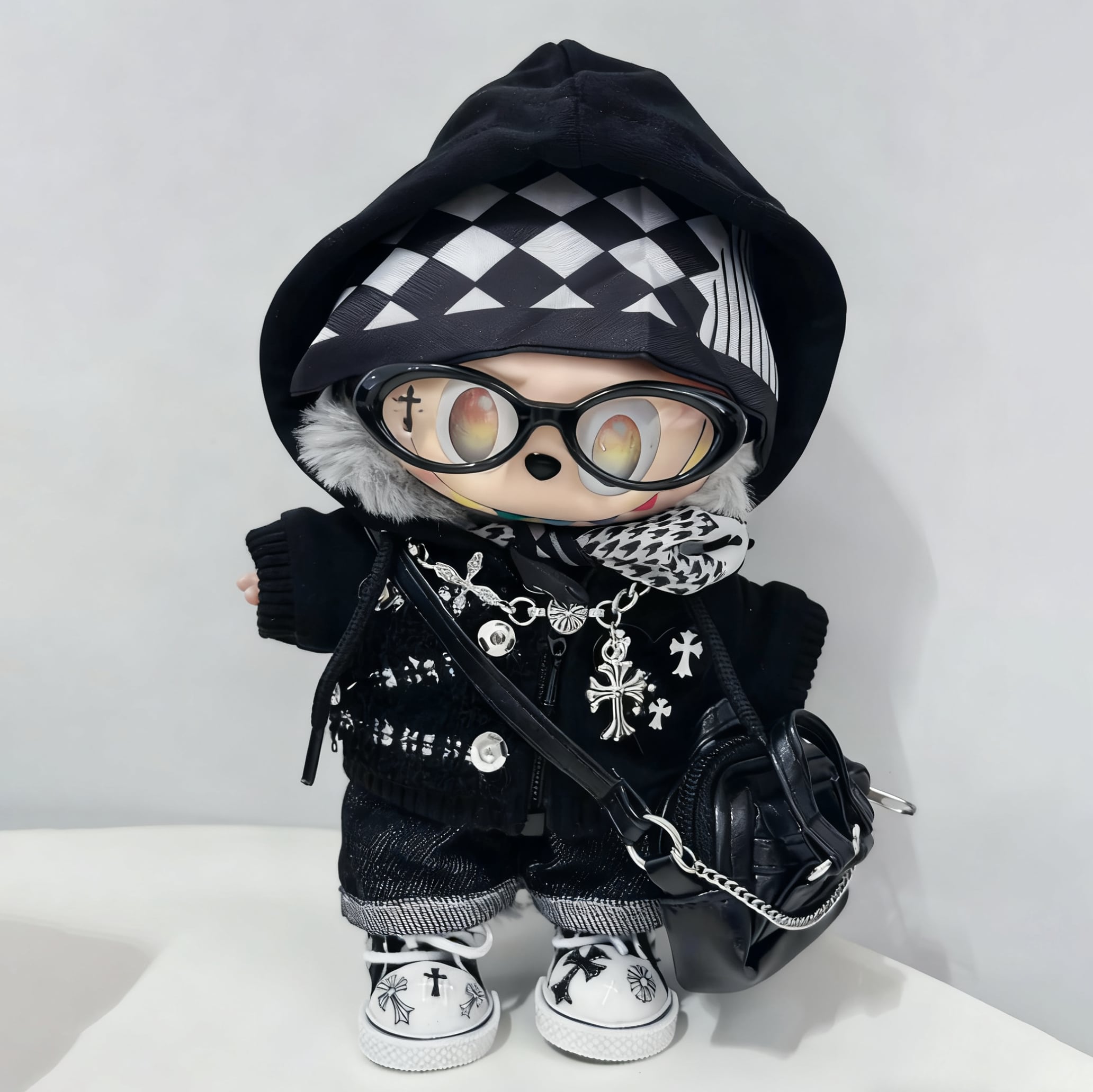 モノクロチェックの最先端!クールでかっこいい♡ Labubu 着せ替えセット クールでスタイリッシュ 15cm/17cm 対応 ラブブ おしゃれ