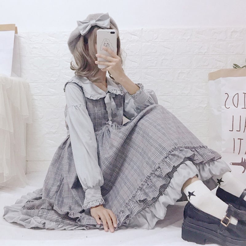 チェック柄ワンピース 可愛いワンピース レディースファション リボンカラー 長袖 膝丈 重ね着風 着痩せ 激安 綺麗め プリンセス デート 普段着 グレー Elegant