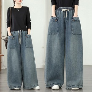 DRAWSTRING WAIST WIDE LEG DENIM PANTS 1color M-16394