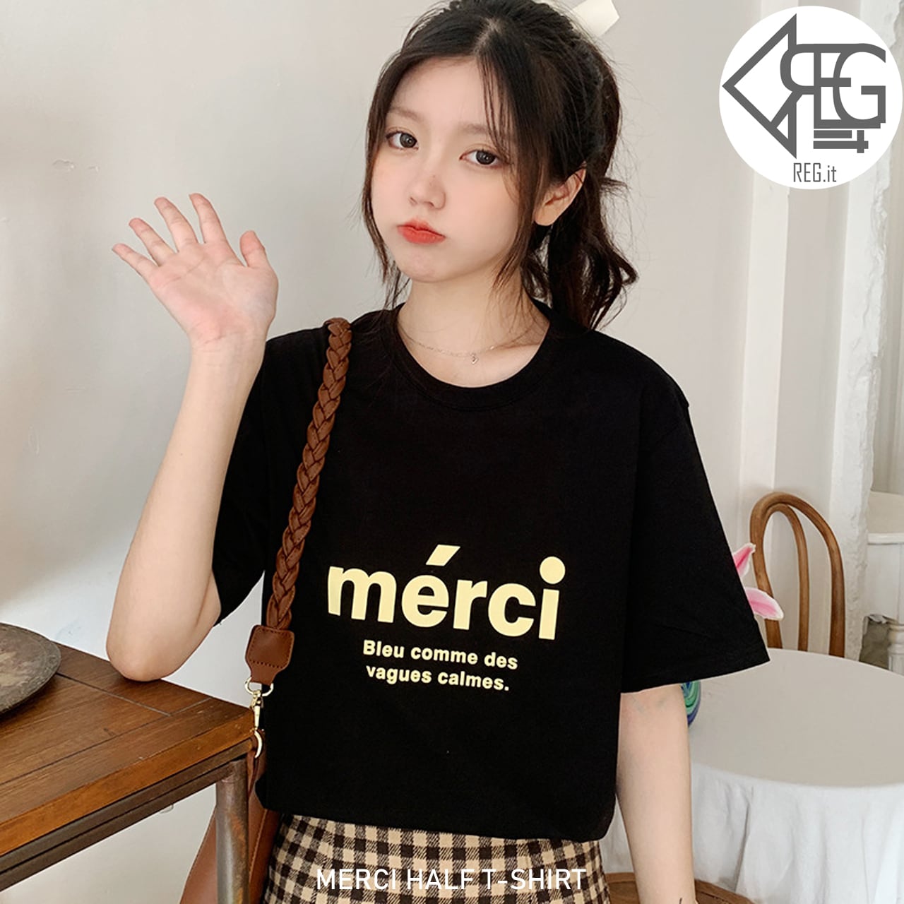 【REGIT】MERCI HALF T-SHIRT-BLACK S/S 韓国服 トップス Ｔ