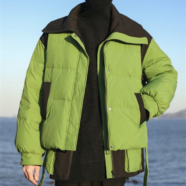 【予約販売】ダウンジャケット アウター ツーピース 重ね着 ベスト ショート丈 ジップアップ ブラック/ホワイト/グリーン シンプル 防寒 メンズ 防寒 お洒落 こなれ感 ベーシック 秋冬 大きいサイズ M/L/XL/2XL