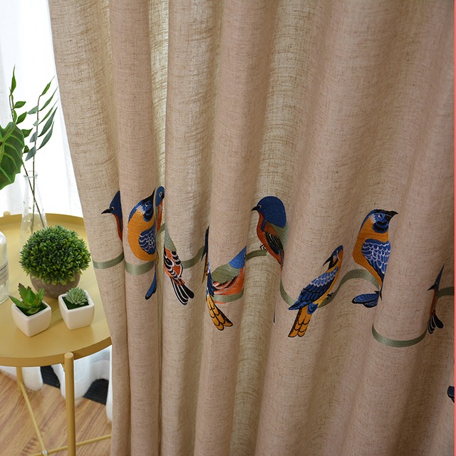小鳥刺繍リネンカーテン