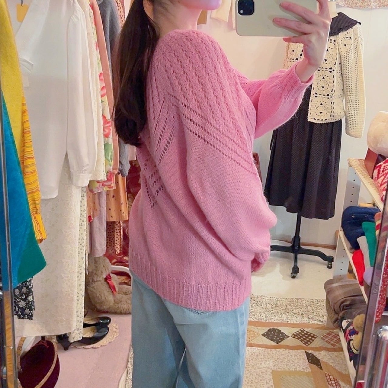 pink openwork knit sweater