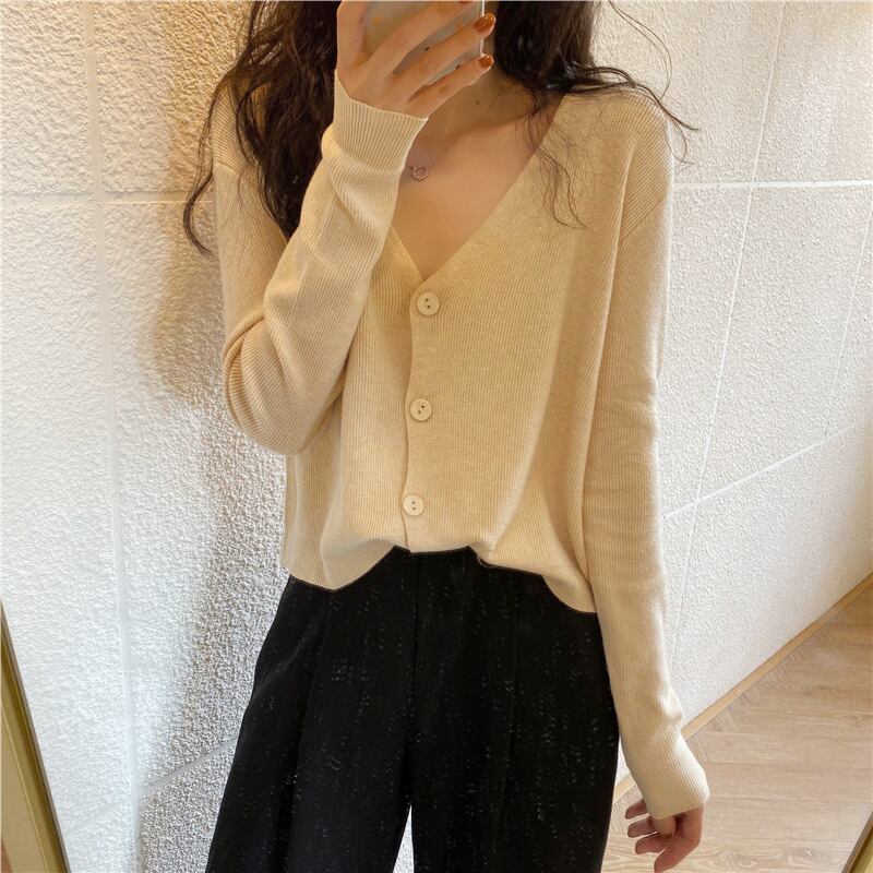 Vネックニットカーディガンスプリングオータム薄手セーター ジャケット ショートトップス ロング 春物 秋物 試着室2176217740