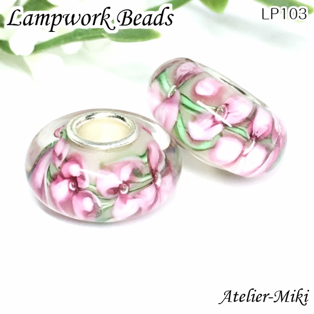 LP103　ランプワークビーズ【ロンデル Q ピンクフラワークリスタルピンク】約14mm 厚さ 約8mm　２個セットのお値段です。