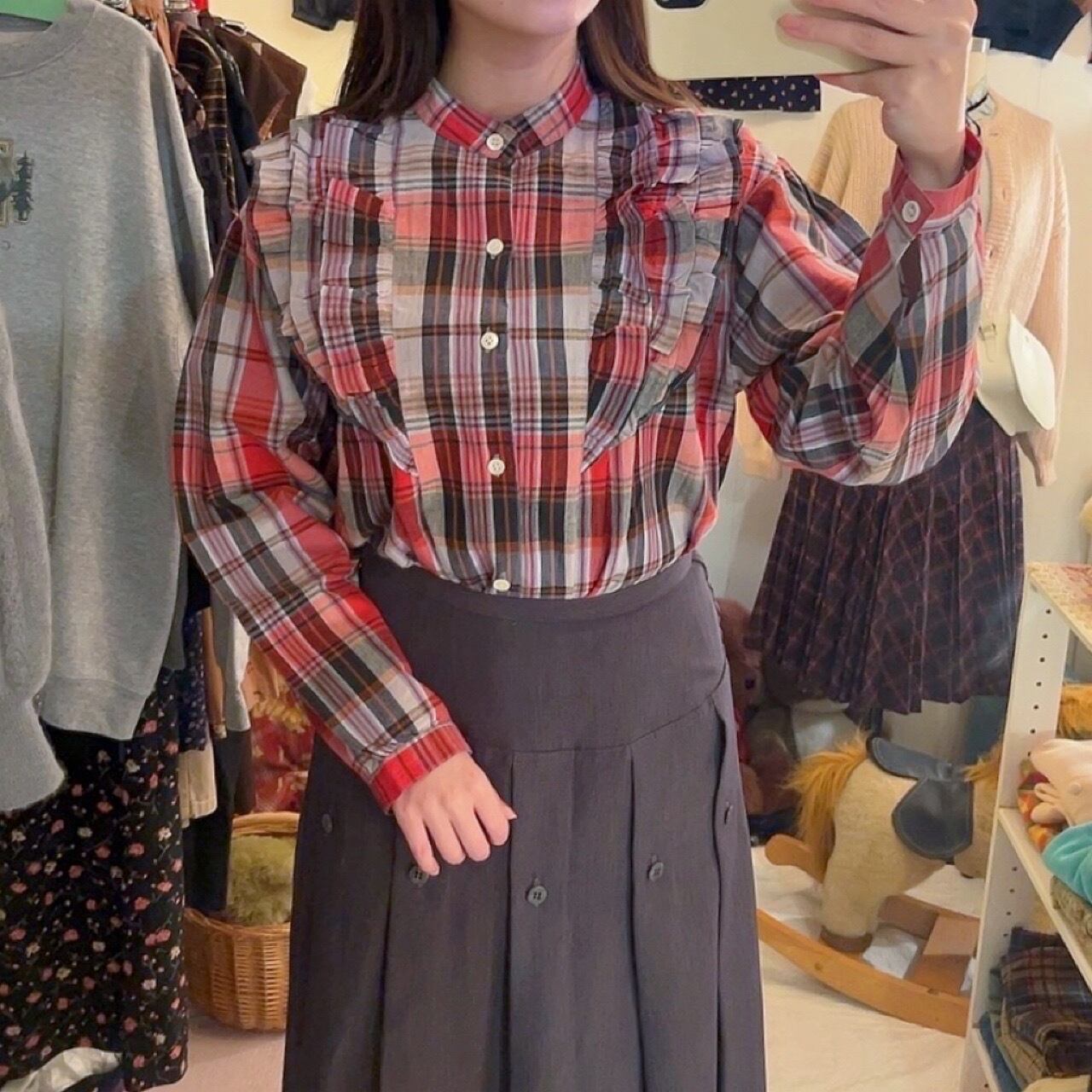 red black check frill blouse
