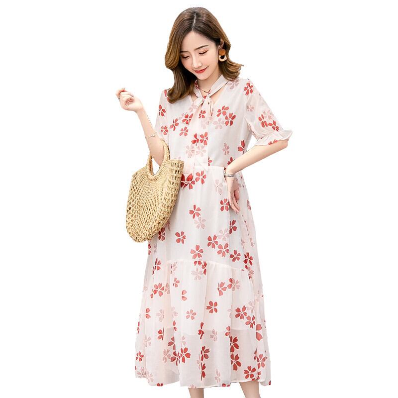 【新作】【送料無料】 マタニティ服サマールーズアルシフォン半袖ラウンドカラーミッドロングスタイリッシュドレス妊婦ママドレス ショート ハーフスリーブ 夏物 AL expec368173684069