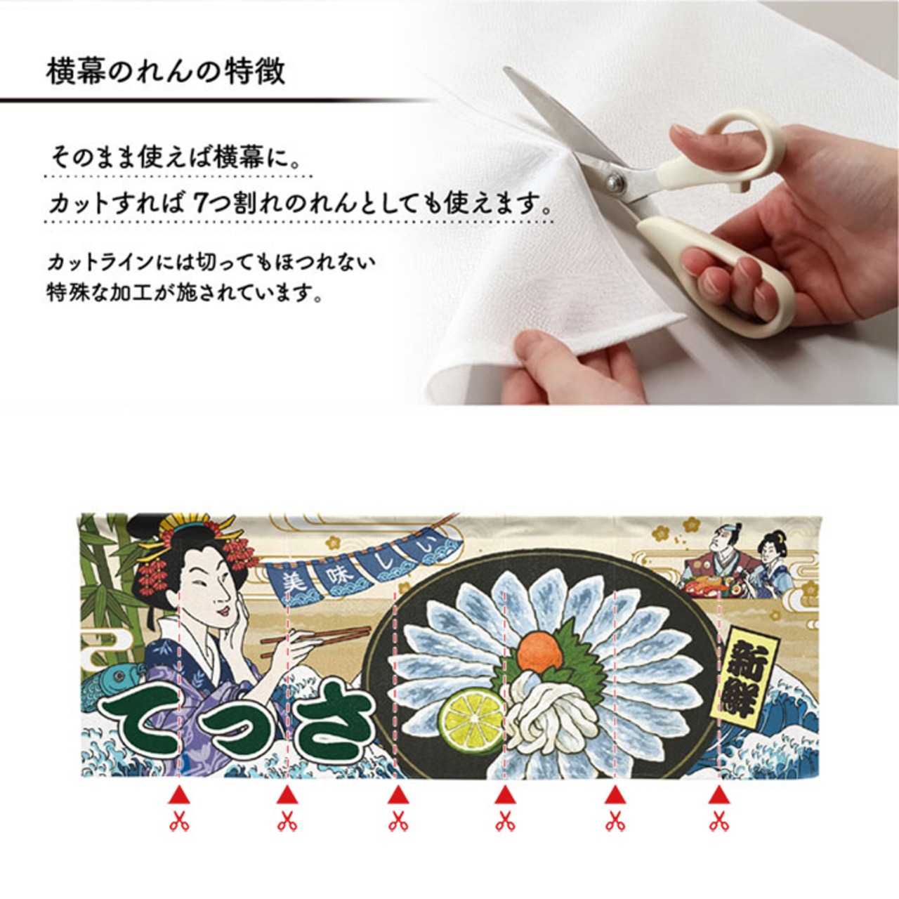 【受注生産】のれん 美味しい ふぐ料理/ふぐ刺し/てっさ　Ukiyo-e Style 140×50cm