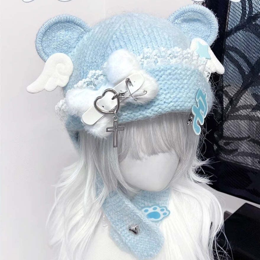 【即納】天使界隈 ニット帽 レース 水色ロリィタ サブカルチャー