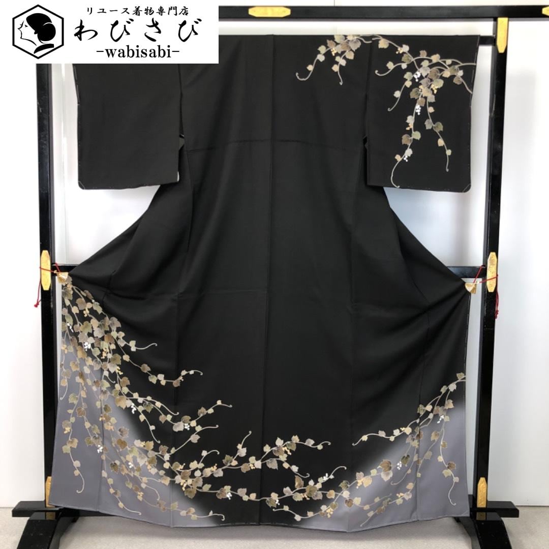 特選 芝草に兎の図 絞り染め 黒紅色 着物 訪問着 A795-12 M【中古】 訪問着 着物 正絹 袷 フォーマル 辻が花 絞り 黒紅 薄黒鳶 ぼかし 銀