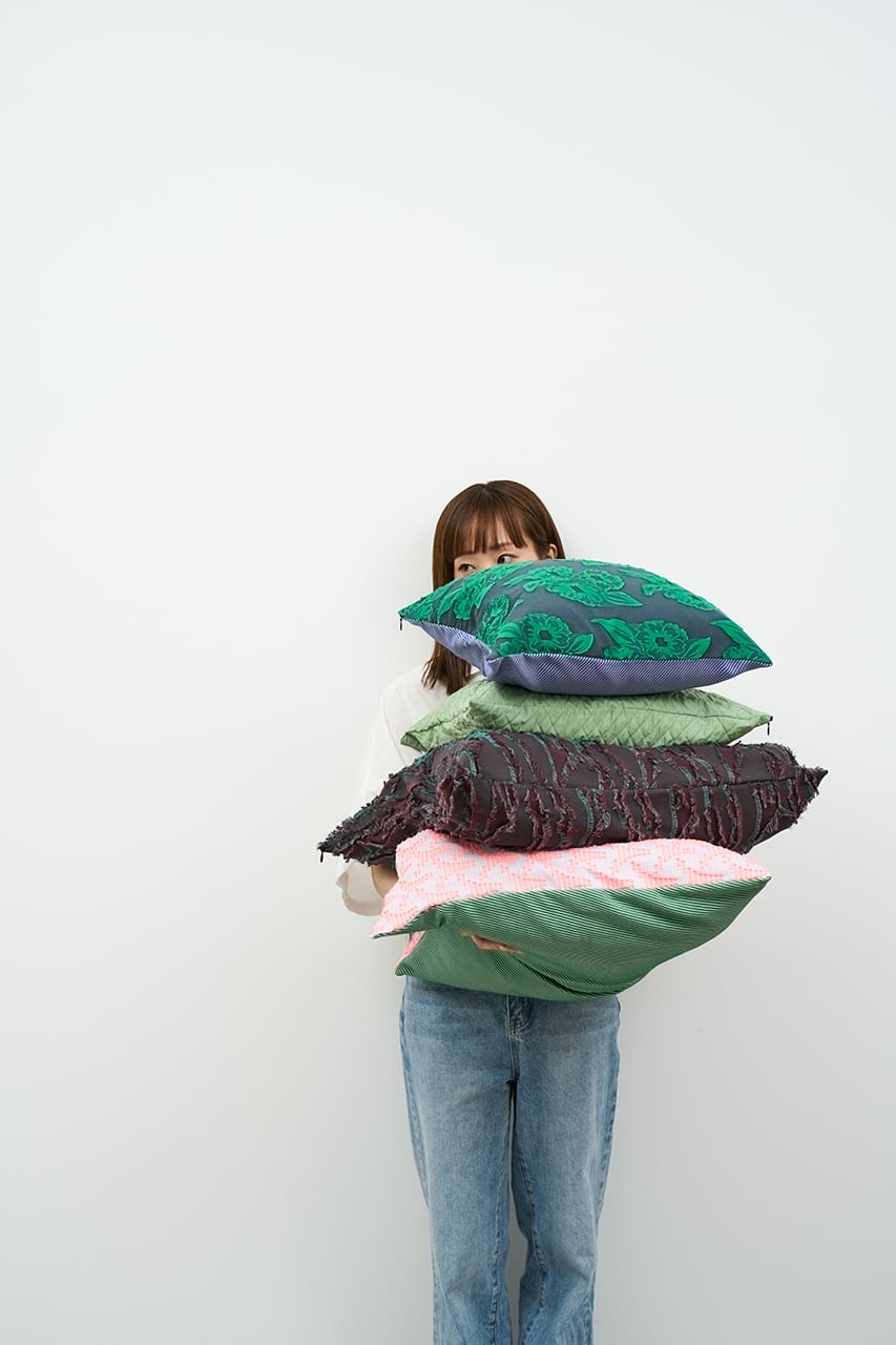 Cushion cover / green flower × blue stripe / M | Jacquard Works