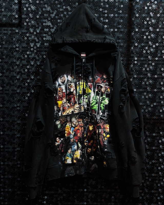 【ÆIEM】original “boro” remake MARVEL full graphic crash zip hoodie