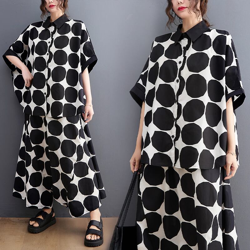 DOT PRINT HALF SLEEVES SHIRT & WIDE LEG SAROUEL PANTS SET 2pieces 1color M-7375