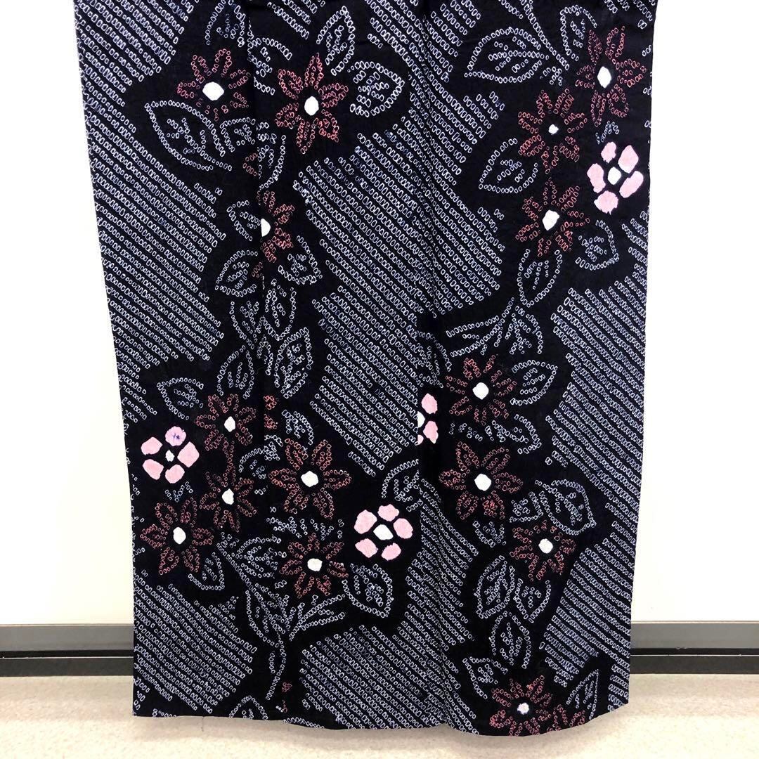 未着用 新品 浴衣 有松鳴海絞り 花模様 麻の葉 ブラック系 着物 044w  