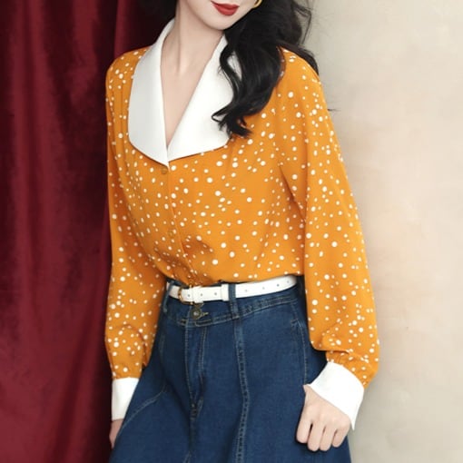 ドット柄 ワイドカラーロングスリーブシャツ 00472