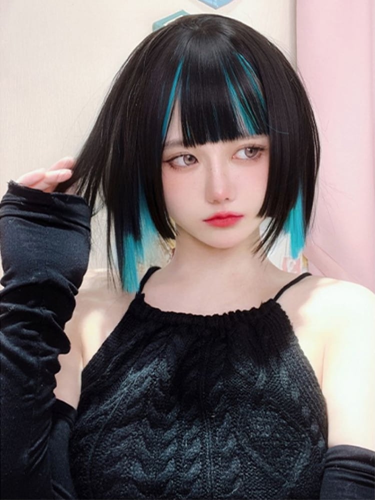 ファッション 普段用 コスプレ耐熱ウィッグ ブラック エメラルド