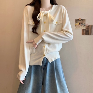 3色/ゴールドボタンボウタイニットトップス ・74196 3色/ゴールドボタンボウタイニットトップス ・74196