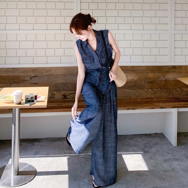 【セットアップ】 セットアップ レディース おしゃれ ママ きれいめ ワイド パンツ デニム シャツ 春 夏 秋 20代 30代 40代 50代 袖あり お呼ばれ シンプル おしゃれ ネイビー 青 S M L XL