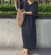 大人ナチュラル Vネックロングワンピース