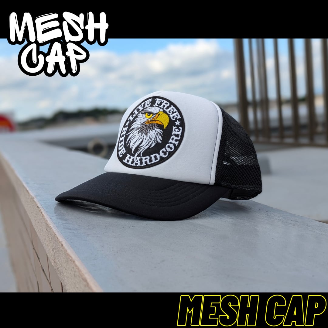 【 Mesh Cap / メッシュキャップ 】 Hot Leathers（ ホットレザー ）Design / 「LIVE FREE * RIDE HARDCORE」/ BLACK / レーシングキャップ / ベースボールキャップ 〚アメリカン雑貨 アメトイ〛