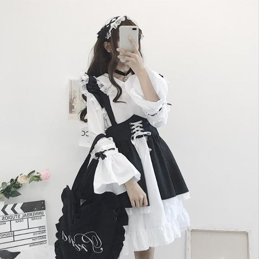 メイド服 セットアップ 5点セット 編み上げ レースアップ トランペット
