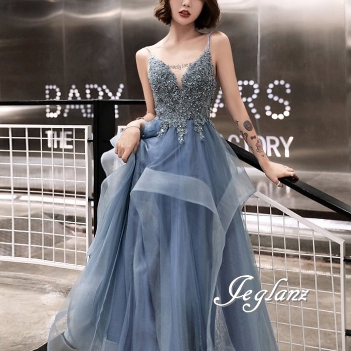 パーティ イブニングドレス 編み上げ ラッフルフリル ボリューム チュール 3色(M5384)ζ