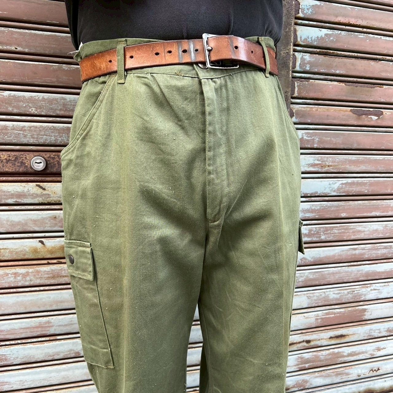 70s ヴィンテージ フレンチ ワークパンツ 電気工 フランス軍 カーキ 緑 70s フレンチ ハンティングパンツ ユーロ ヴィンテージ 56 W96cm XL