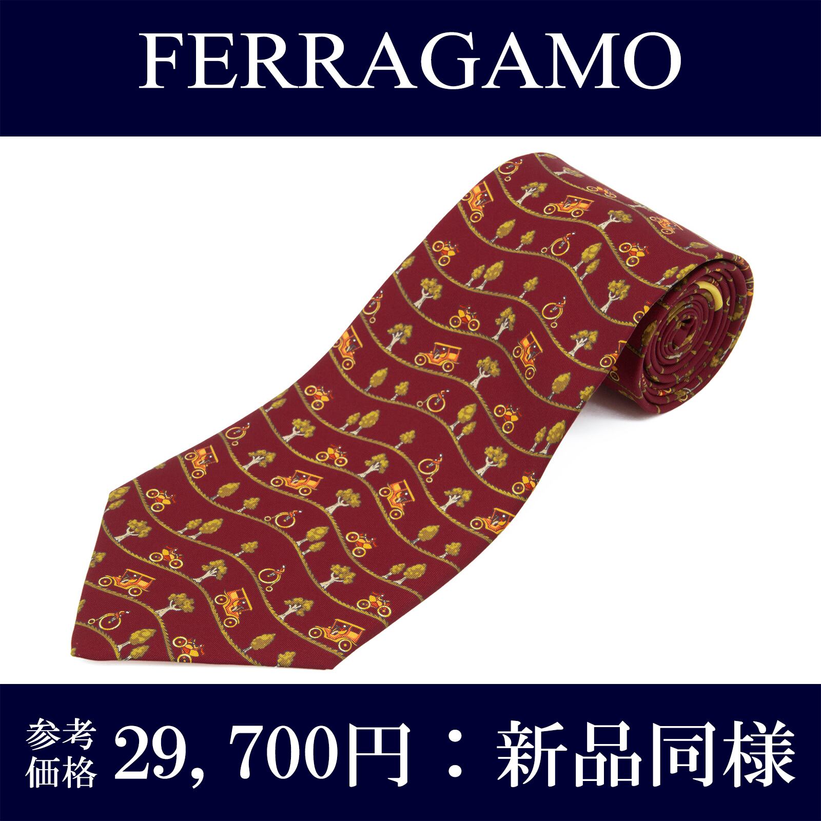 送料無料 フェラガモ ネクタイ 新品同様 ワイドタイ シルク バーガンディー 緑色 オレンジ 自転車 木 自然 珍しい おしゃれ 綺麗 N584