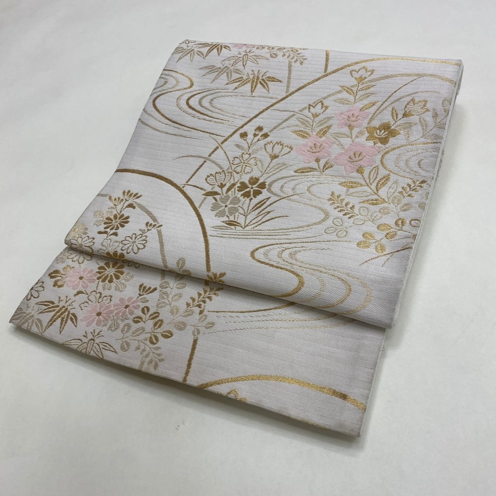 中古 夏用帯(袋) 正絹 草花 六通柄 ホワイト Dランク 413cm 5908