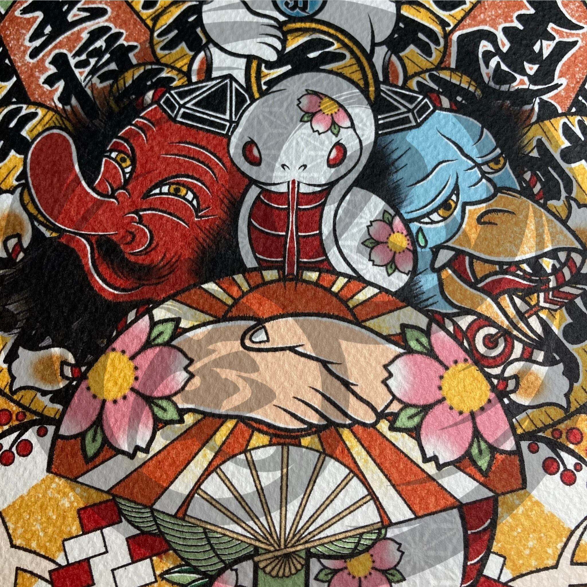 開運 吉祥画 縁起熊手 巳年 白蛇 笑う天狗に泣く鴉天狗 A3サイズ フレーム付 26163f4fb1cdfb3d73c2d2ad197a21