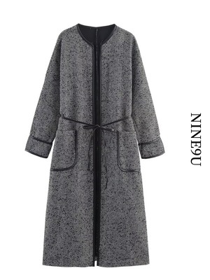 belted herringbone no-collar long coat【NINE9741】