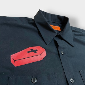 【RADKAP】90s USA製 ワークシャツ 半袖 シャツ ブラック バックプリント 棺桶 十字架 クロス L レッドキャップ US古着