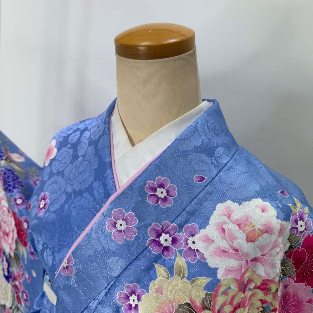 二尺袖 単品 卒業式着物 水色 裄68.2cm Lサイズ 袴用着物 化繊 中古 4537