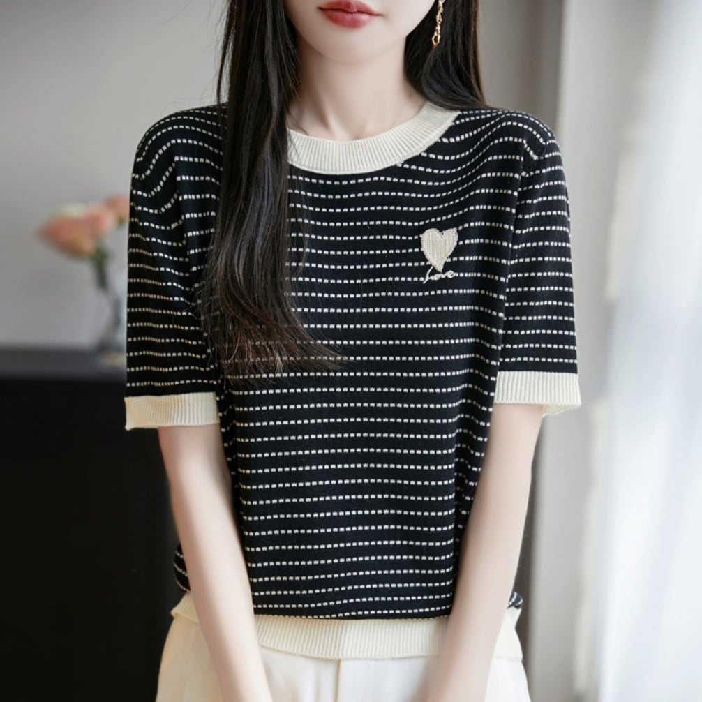 ボーダー柄半袖ニット&ニットパンツセットアップ(4色) tops】ボーダー柄刺繍ニットTシャツ M31287 | nanastyle