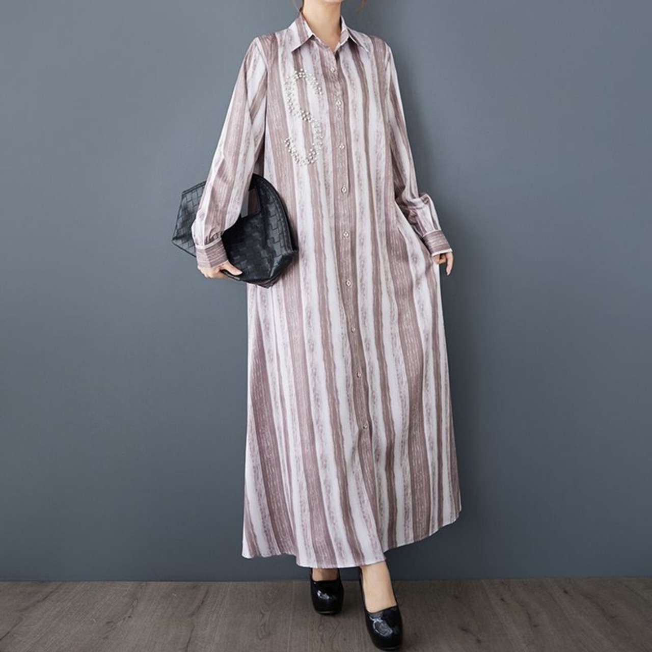 ストライプ柄 ビジュー装飾 シャツワンピース 00158