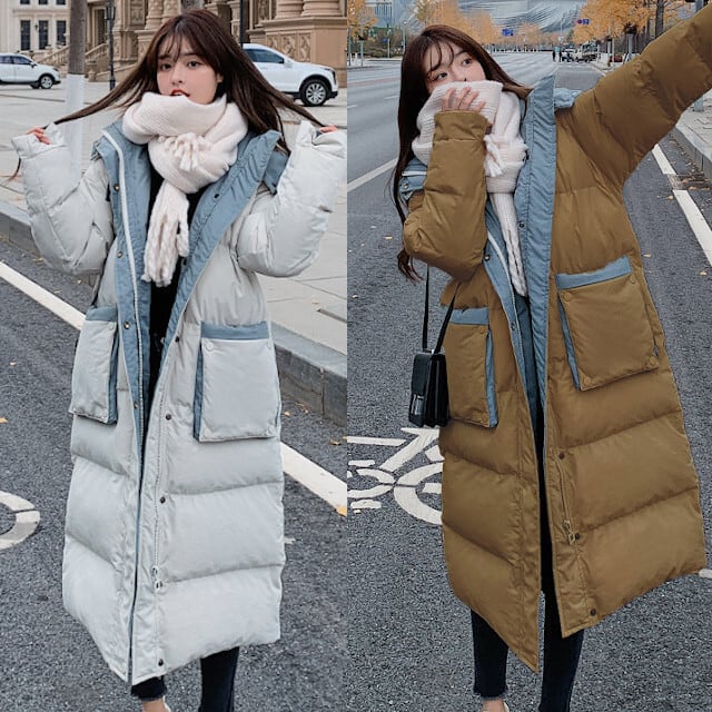 ダウンコート レディース アウター ロング丈 防寒 バイカラー おしゃれ ベージュ/ブルー/ブラック/ブラウン S/M/L/XL/2XL