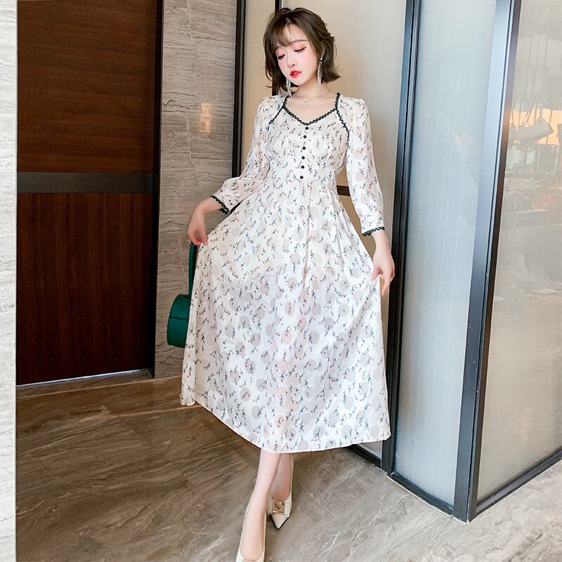 プリントレースカラーウェスト薄手スカート ドレス スプリング 春物 スクウェア MIUCO28062209111