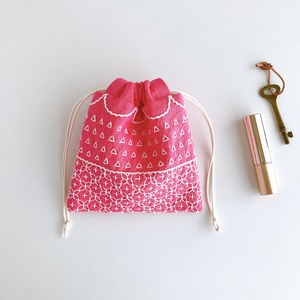 刺し子の小さな巾着/コットンリネン(濃ピンク)