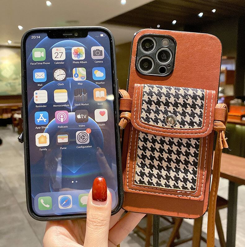 チェーンストラップ付き iPhoneケース カード収納 千鳥格子 二色