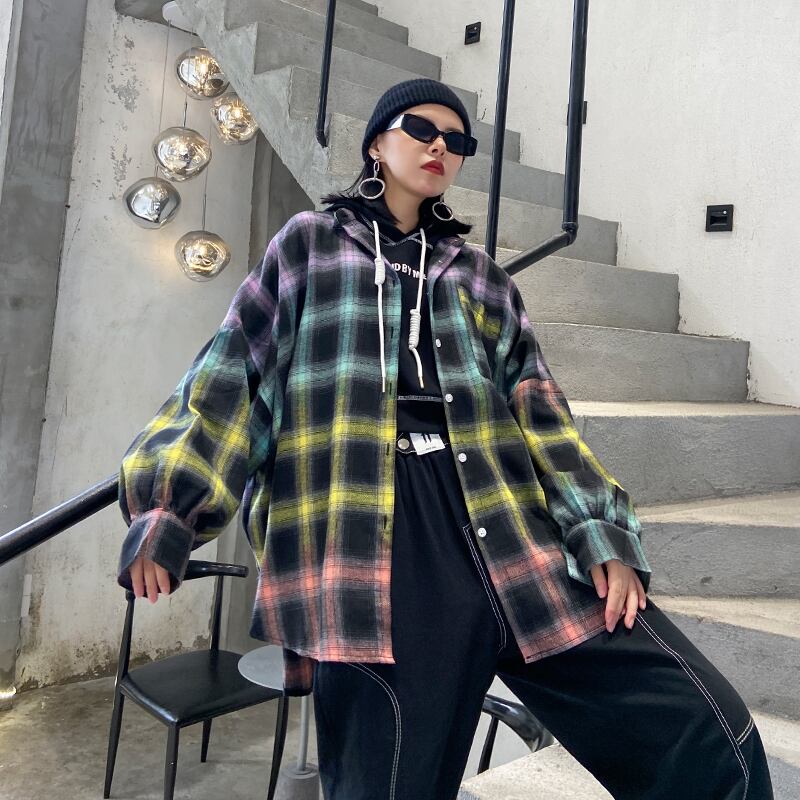 格子柄シャツ レディーススタンダードルーズスタイルジャケット オータムウィンターブラウス ロング レトロ かわいい 秋物 冬物 ラブタオタオダレンハウス59743215521