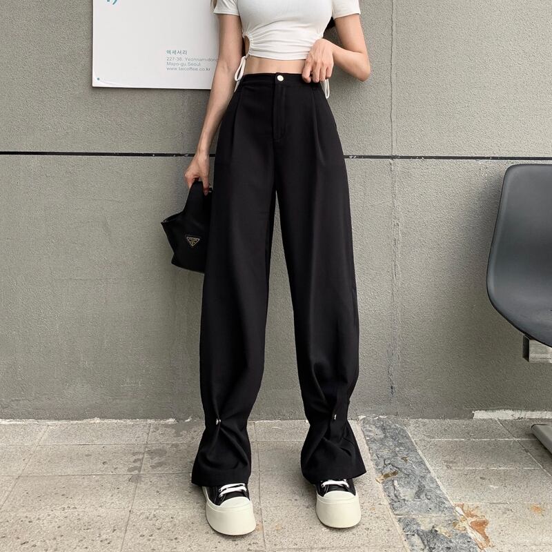 パンツ オータムスタイルハイウェストウェストルーズダークバックルブラックカジュアル 秋物 YY-ファッション7406198799