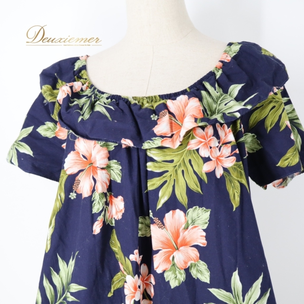 フラダンス 衣装 ワンピース ドレス ネイビー系 KY‘S ハワイ製 ハイビスカス柄 プルメリア柄 花柄 植物柄 ハワイアンプリント アロハ フラ ダンス レッスン 練習 フリル 半袖 紺 華やか 鮮やか かわいい 大人っぽい 上品 グリーン系 レッド系 ホワイト系 緑 赤 白 フリル付き カジュアル おしゃれ