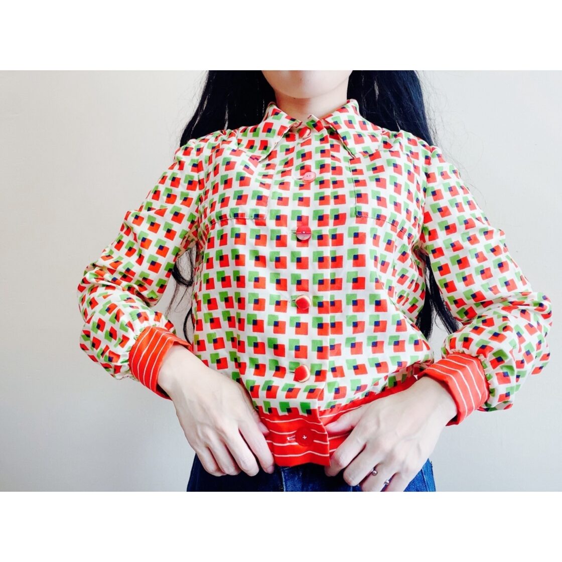 square pattern polyester retro blouse ／ 古着 昭和レトロ 柄 