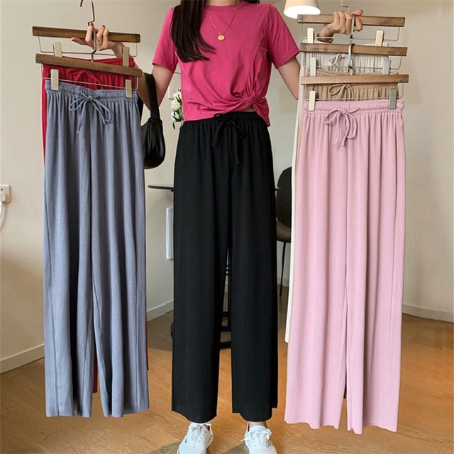 レディースレッドハイウェストウェストルーズスリムカジュアルパンツ シルク YY-ファッション97502945856