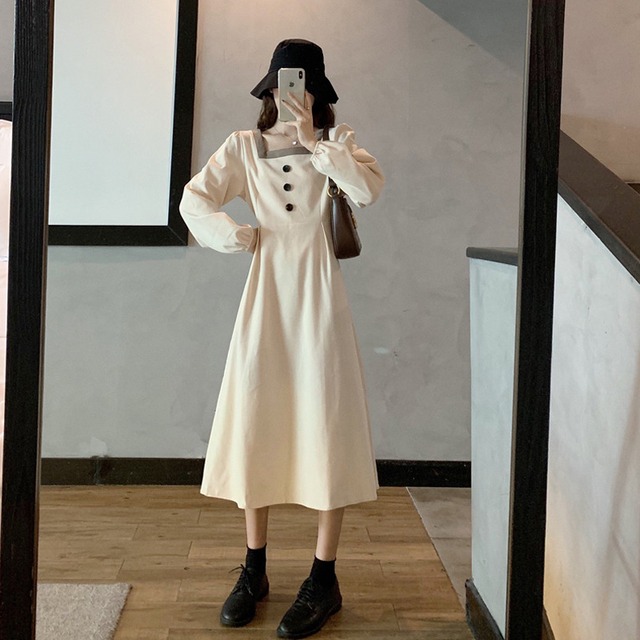 スカート スプリング長袖スリーブドレス 薄手Aライン ロング 春物 スクウェア 試着室93868102421