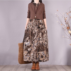 ワンピース 切り替え ツーピース ラウンドネック 長袖 ロングスカート Aライン ルーズウエスト カジュアル お仕事 普段着 お出かけ デート OP-019SE